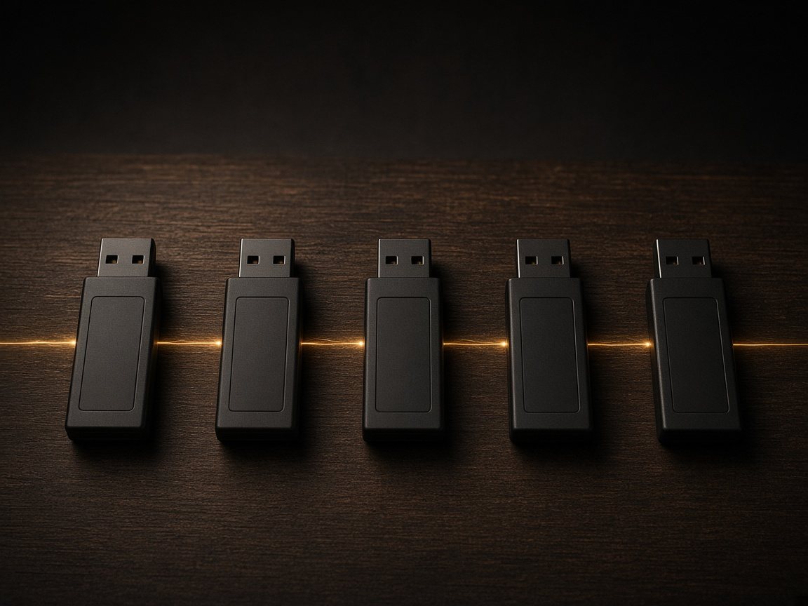 Pięć czarnych pendrive’ów połączonych złotą linią światła.