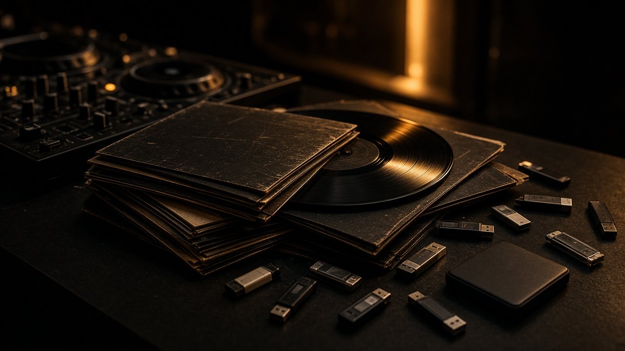 Stół DJ-a: płyty winylowe, pendrive’y i odtwarzacz w złotym świetle.