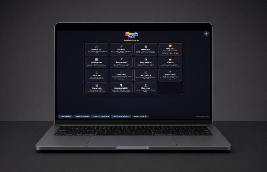 Laptop z sekcją edytorów Imprezja Quiz.